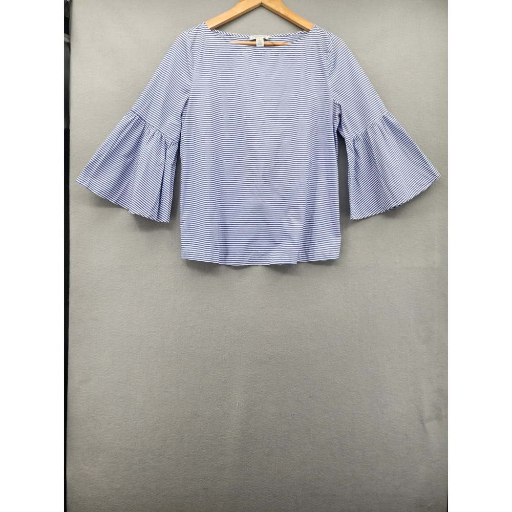 Nordstrom Signature Blue White Striped Bell Sleeve Split Back Cotton Blouse S